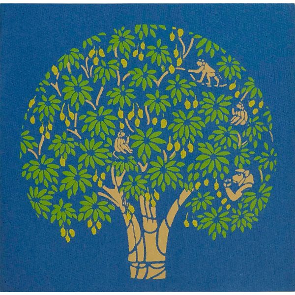 Greeting card - tree with monkeys on blue background